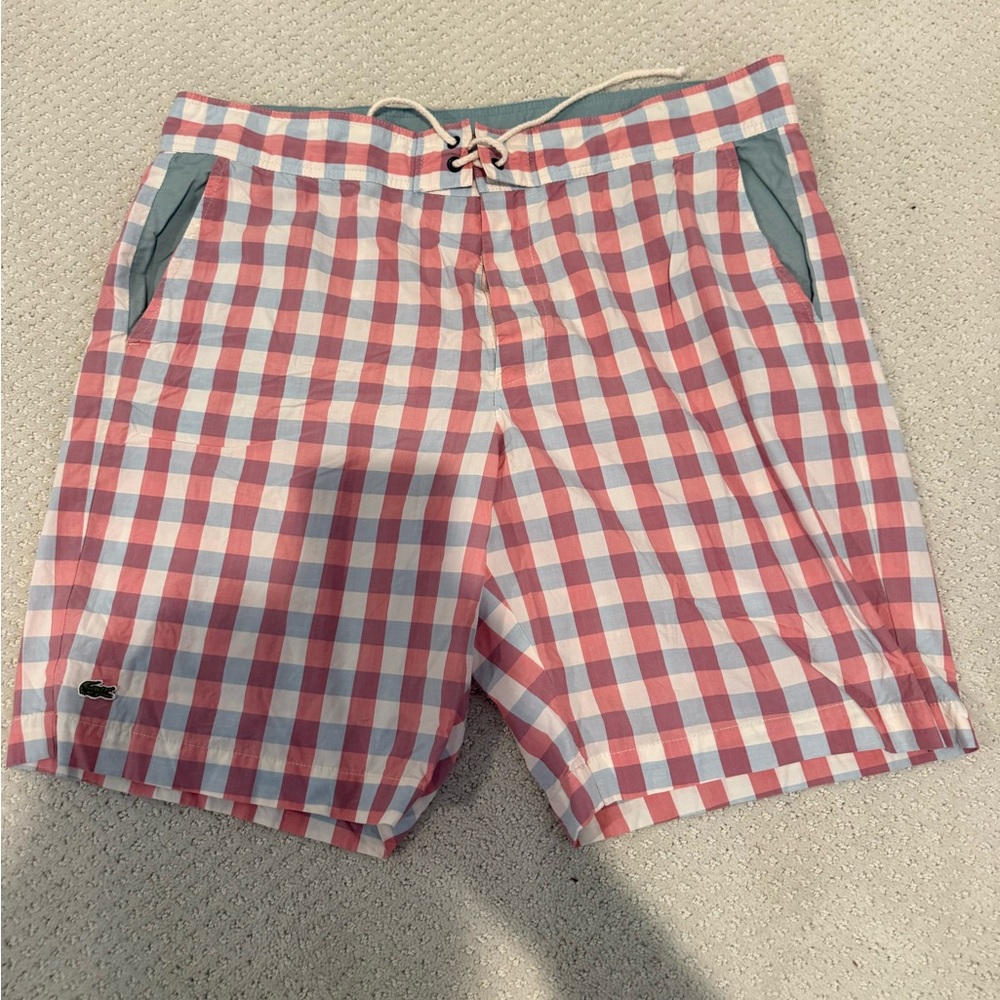 Lacoste Men's Red and White Plaid Swim Trunks